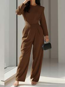 ANCHOSE Women's Elegant Commuter Beige Round Neck Batwing Sleeve Jumpsuit, Autumn