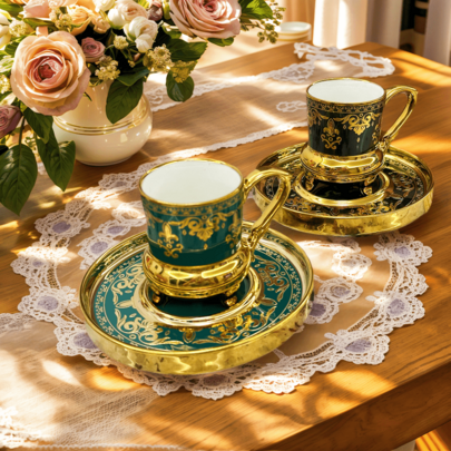 Luxuriöser Goldrand Arabischer Stil Keramik Kaffeetasse Untertasse Set 90ml/3,04oz, für Cappuccino, Latte, Mokka, Au Lait, Doppelten Espresso, elegante Wohndekoration, Büro, Küche, perfektes Geschenk zu Weihnachten, Valentinstag, Abschluss - Geschenke für Sie/Ihn