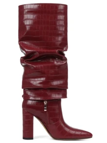 Women Ruched Fold Over Boots Fashion Luxury Pointed Toe Mid-Calf Wedge Boots Slip On Wide Calf Boots Slouch Knee High Boots For Women,Date Night,  Halloween,Christmas Party - 酒紅色 - 查看 8