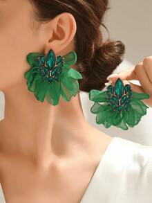 1 Pair Fashionable Exaggerated Colorful Fabric Flower Stud Earrings, Luxury Rhinestone-Like Jewelry For Women, Suitable For Party And Gala - Green - View 5