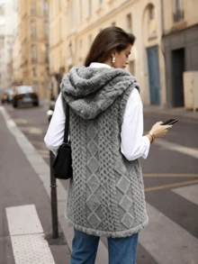 Grey Textured Faux Fur Urban Modern Hooded Vest, Casual Button Up Sleeveless Jacket For Street & Daily - Grey - View 10
