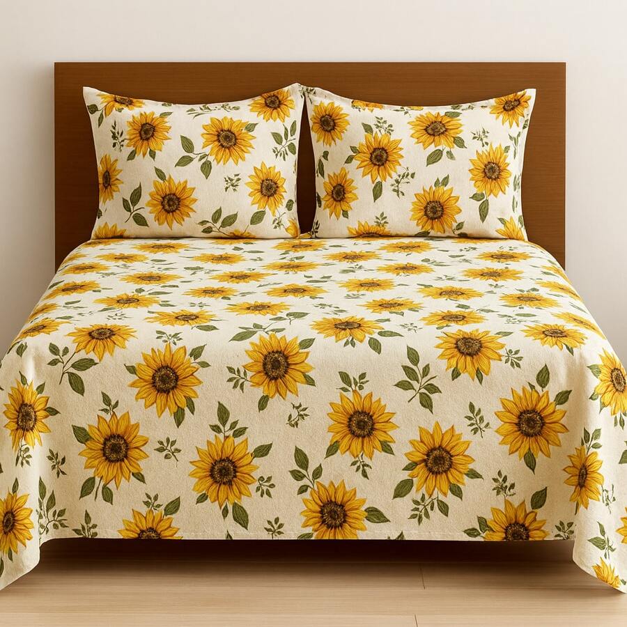 Double Bedspread Printed Fabric Simple 3 Pieces Daily Use - Yellow - View 1