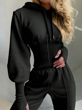 Conjunto de 2 piezas color negro de sudadera con capucha y cordón en la cintura y pantalones a juego, deportivo y casual para otoño/invierno