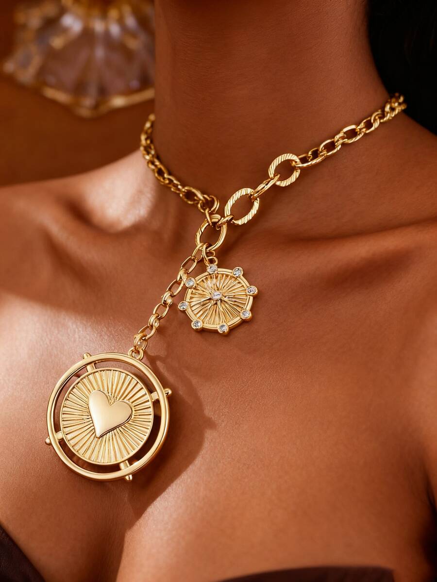 1 Piece 14K Gold Sun Heart Coin Pendant Necklace For Women,Chunky Paperclip Choker Necklace Jewelry Gift For Wedding/Anniversary/Mother's Day/Valentin's Day/Christmas Day