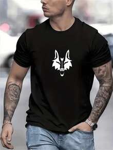 Camiseta estampada de cuello redondo y manga corta con lobo minimalista, alternativo y de estilo salvaje - Negro - Ver 1