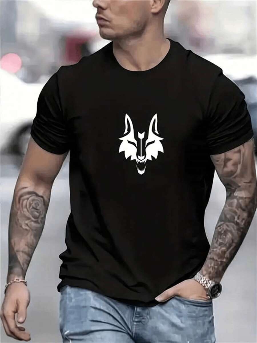 Camiseta estampada de cuello redondo y manga corta con lobo minimalista, alternativo y de estilo salvaje - Negro - Ver 1