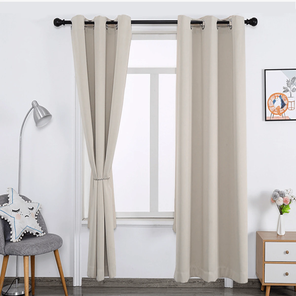 2 piezas Cortinas de chenilla multicolor de doble cara con anillas para barra, 140cm * 240 cm. Totalmente opacas y con protección de la intimidad + Aislamiento acústico y térmico + Resistentes a las arrugas y duraderas. Adecuadas para dormitorios y salones. Versátiles y suaves, con una textura atemporal. - Beis - Ver 1