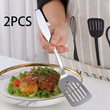 2pcs Stainless Steel Slotted Spatula, Suitable For Frying Beef, Fish And Home Kitchen, Hotel, Restaurant Use - Silver - View 1