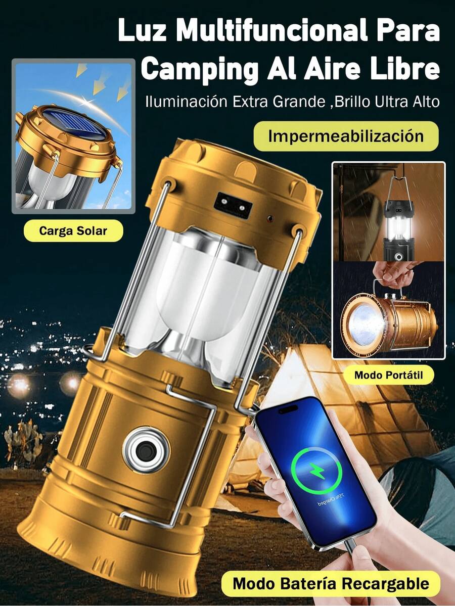 Rechargeable Solar Lamp, LED Camping Lamp, Essential For Outdoor Camping - Gold - View 1