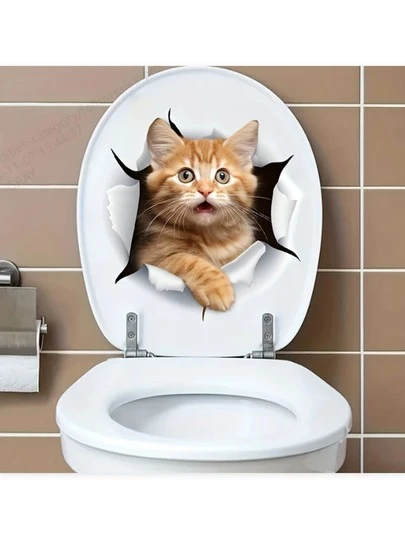 1pc Little Orange Cat Toilet Seat Sticker, Home Bathroom Toilet Tank Decals, Door Stickers, Wall Stickers, Super Cute, Add A Little Fun To Your Bathroom