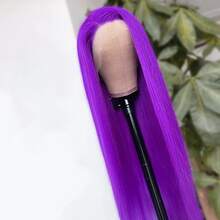 Peluca recta larga de 26 pulgadas con frente de encaje morado de 13"X4" elegante, peluca de frente de encaje sintético con línea del cabello previamente desvainada, cabello de fibra resistente al calor, peluca recta sedosa para mujeres, cosplay, fiestas, uso diario - Morado - Ver 4