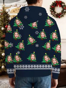 1pc Customizable Men's Hoodie, Valentine's Day Hooded Sweatshirt For Men, With Christmas Tree And Personalized Face Graphic Print, Drawstring Design, Men's Casual Outdoor Wear, Winter Novelty, Special Valentine's Day Gift For Boyfriend, Girlfriend, Family - Multicolor - View 2