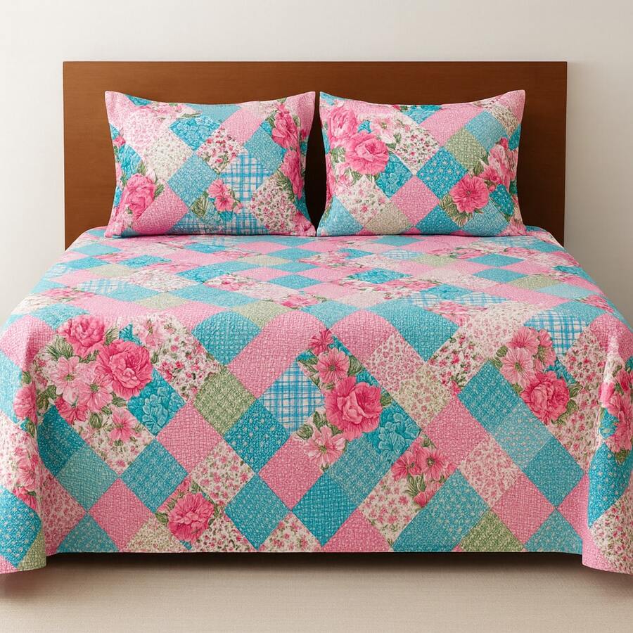 Double Bedspread Printed Fabric Simple 3 Pieces Daily Use - 粉色 - 查看 1