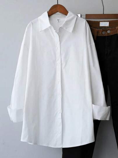 Women's Solid Color Drop Shoulder Long Sleeve Casual Button Front Collared Shirt