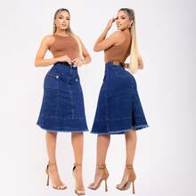 Rebeca Women's Midi Denim Skirt, High Waist, With Pockets, Frayed Hem, And Elastane Lycra. - QUẦN JEAN MÀU XANH LÁ CÂY - Xem 4