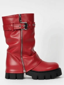 Fall Winter Punk Mid-Calf Boots Round Toe Thick Sole Side Zipper Metal Buckle Ruffled Fashionable Party Boots Outdoor Wear Motorcycle Boots - 紅色 - 查看 4