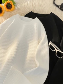 1pc Men's V-Neck Ribbed Knit Sweater Long Sleeve T-Shirt, Knitted Fabric, Casual Style, Elegant Old Money Vibe, Textured Fabric With Comfortable Drape, Pill-Resistant And Non-Deforming, Minimalist Design With Hidden Details - White - View 11