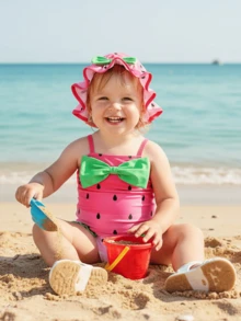 2Pcs Baby Girl Watermelon Print Swimsuit Cute Fashionable Spaghetti Strap Sleeveless Swimwear With Hat - Đỏ - Xem 3