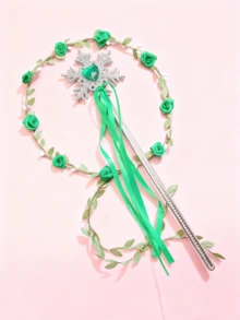 1 Set Headband With Flower Wreath, Snowflake Ribbon, Magic Wand Prop Set (Suitable For Festivals, Performances, Parties, Weddings, Decorations) - Multicolor - View 8