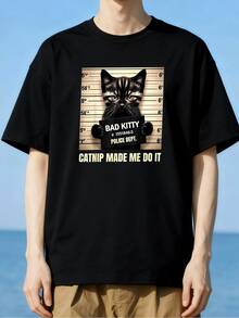 Estilo Divertido Camiseta de Manga Corta para Hombre con Gatito en Fotografía Policial y Frase "Bad Kitty", Diseño Humorístico y Único, Ideal para Amantes de Gatos, Regalo Original, 220 g 100 % algodón, Ligera, Fresca,  Viral - Negro - Ver 1