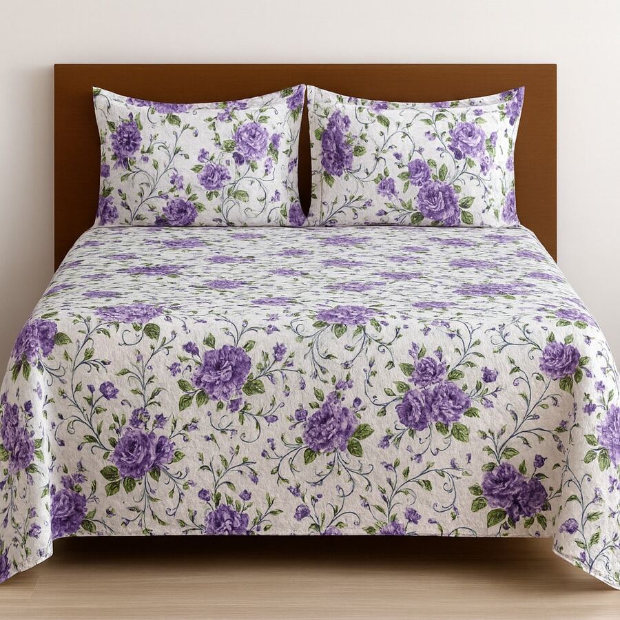 Double Bedspread Printed Fabric Simple 3 Pieces Daily Use - Red Violet - View 1