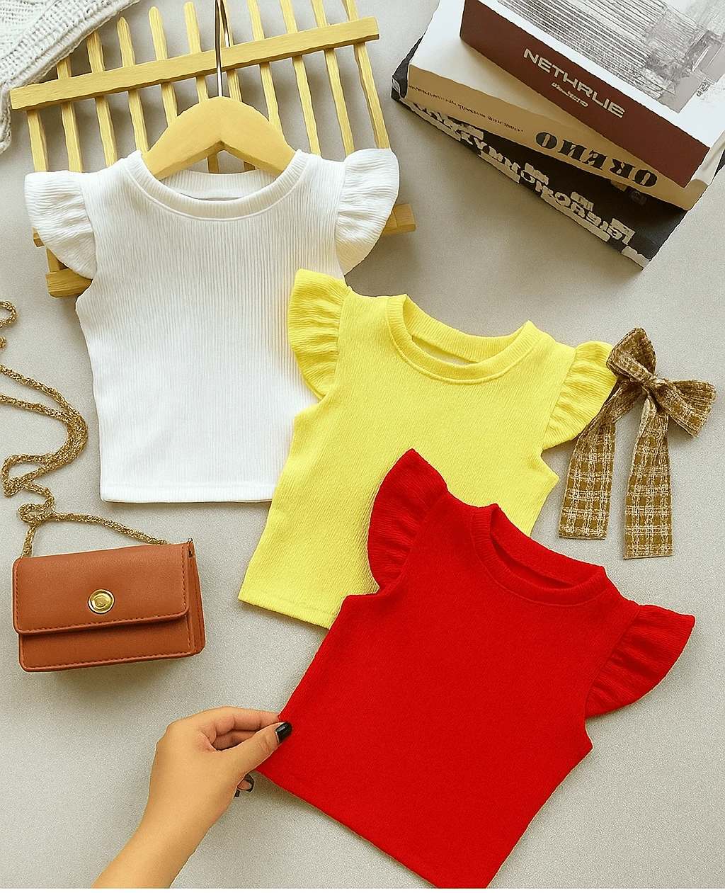 Kit com 3 Blusas Infantil Cropped Frufru Babado Canelada Ribana para Meninas e Adolescentes Jovens BINF510 - 3 Cores - Branco, Amarelo e Vermelho - Visão 1