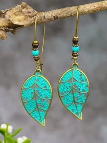 TopHanqi 樹葉耳墜樹葉復古古董青銅樹葉鏤空吊墜大掛耳式女士耳環 - 薄荷藍 - 查看 6