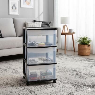 Italhome Cajonera de almacenamiento con ruedas, ideal para dormitorio, oficina, cocina, baño, lavandería, Organizador de plástico con 3 cajones transparentes, cajonera de color negro