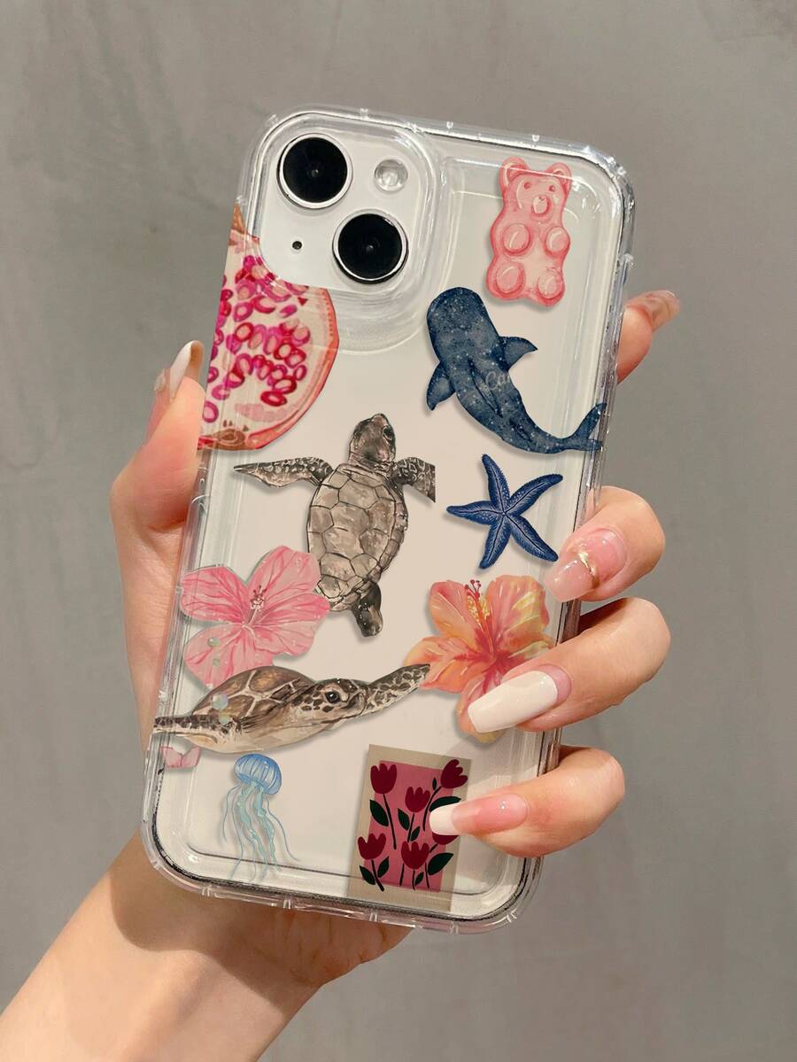 1 pièce Coque de téléphone antichoc en TPU à couverture intégrale avec graphique de tortue, étoile de mer, fleur, ours, compatible avec Apple 16, 15, 14, 13, 12, 11 Pro Max, Série, version internationale, pas la version domestique - Multicolore - Voir 1