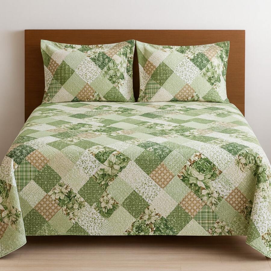 Double Bedspread Printed Fabric Simple 3 Pieces Daily Use - 綠色 - 查看 1
