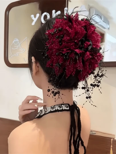 1 件装 / 女士优雅牡丹花流苏大号发夹。适合日常休闲佩戴，不伤发。适用于节日和舞台表演。属于发饰、女士发饰、发饰配件、发饰工具、卷发饰品、秋季发饰类别。