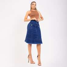 Rebeca Women's Midi Denim Skirt, High Waist, With Pockets, Frayed Hem, And Elastane Lycra. - QUẦN JEAN MÀU XANH LÁ CÂY - Xem 1