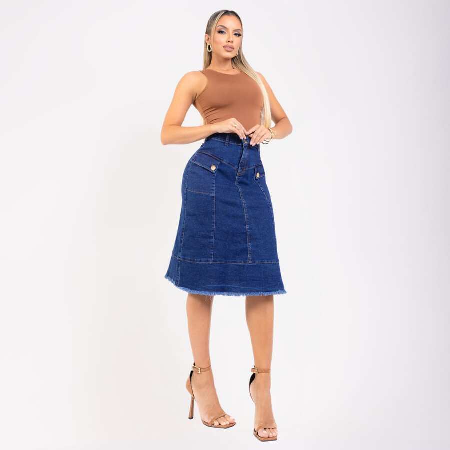 Rebeca Women's Midi Denim Skirt, High Waist, With Pockets, Frayed Hem, And Elastane Lycra. - QUẦN JEAN MÀU XANH LÁ CÂY - Xem 1