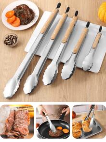1pc Stainless Steel & Wooden Food Tongs, Barbecue Tongs, Kitchen Food Clip, Korean BBQ Tongs, Wooden Handle Steak Tongs, Extra Long Cooking Food Tongs, Heat Resistant Cooking Tongs, Suitable For Serving Food, Grilling, Salad, Baking - Essential Kitchen Tool, Applicable For Home, Outdoor, Picnic, Hotel And More, Gourmet Essential