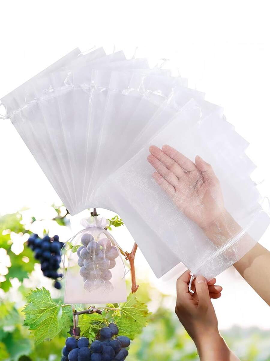 50个/套果树防护网袋，花园网状屏障袋，保护植物免受鸟类、松鼠侵害，带抽绳果树罩网袋，花园果蔬防护罩