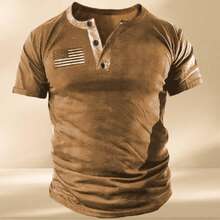 Men's Casual Henley T-Shirt Short Sleeve Button Patriotic Tactical Military  Shirt - 卡其色 - 查看 2