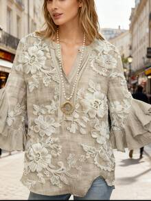 1pcs Women's Vintage 3D Imitation Floral Print Blouse With Ruffle Sleeves & V-Neck Button Front -3/4 Length Round Neck Shirt Top,  Women Bohemian Clothing - Màu be - Xem 3