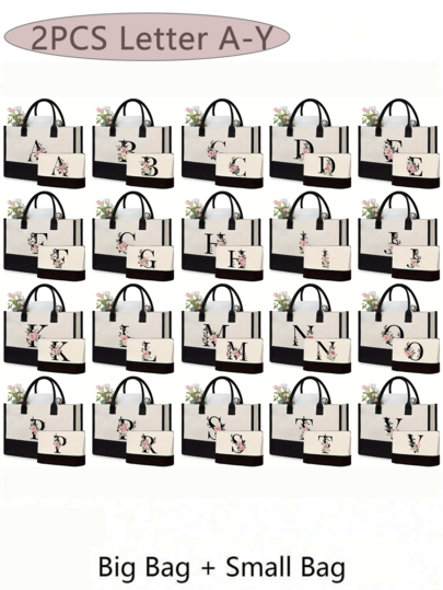 1pc/2pcs Initial Letter & Floral Canvas Tote Bag And Cosmetic Bag, Personalized Gift Bag, Suitable For Wedding, Birthday, Beach, Holiday, Backpack, Great For Women, Moms, Teachers, Friends, Bridesmaids, Students, Large Capacity Tote Bag, Portable Casual Storage Tote Bag, Multipurpose Shopping Bag, Teacher Appreciation Gift, Best Teacher Gift, Christmas Gift