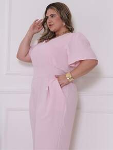 Plus Size V-Neck Fitted Jumpsuit, Wide Leg Pants With Pockets And Pleat, Discreet, Casual, Modest Fashion, Elegant, Comfortable, Loose Fit | Curve | Wide Leg - Baby Pink - View 3