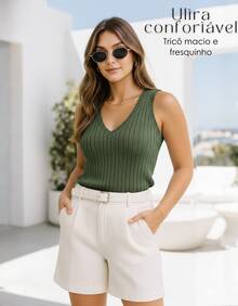 V-Neck Ribbed Knit Tank Top, Women's Basic Summer Fashion Blouse - Màu xanh lá cây đậm - Xem 2