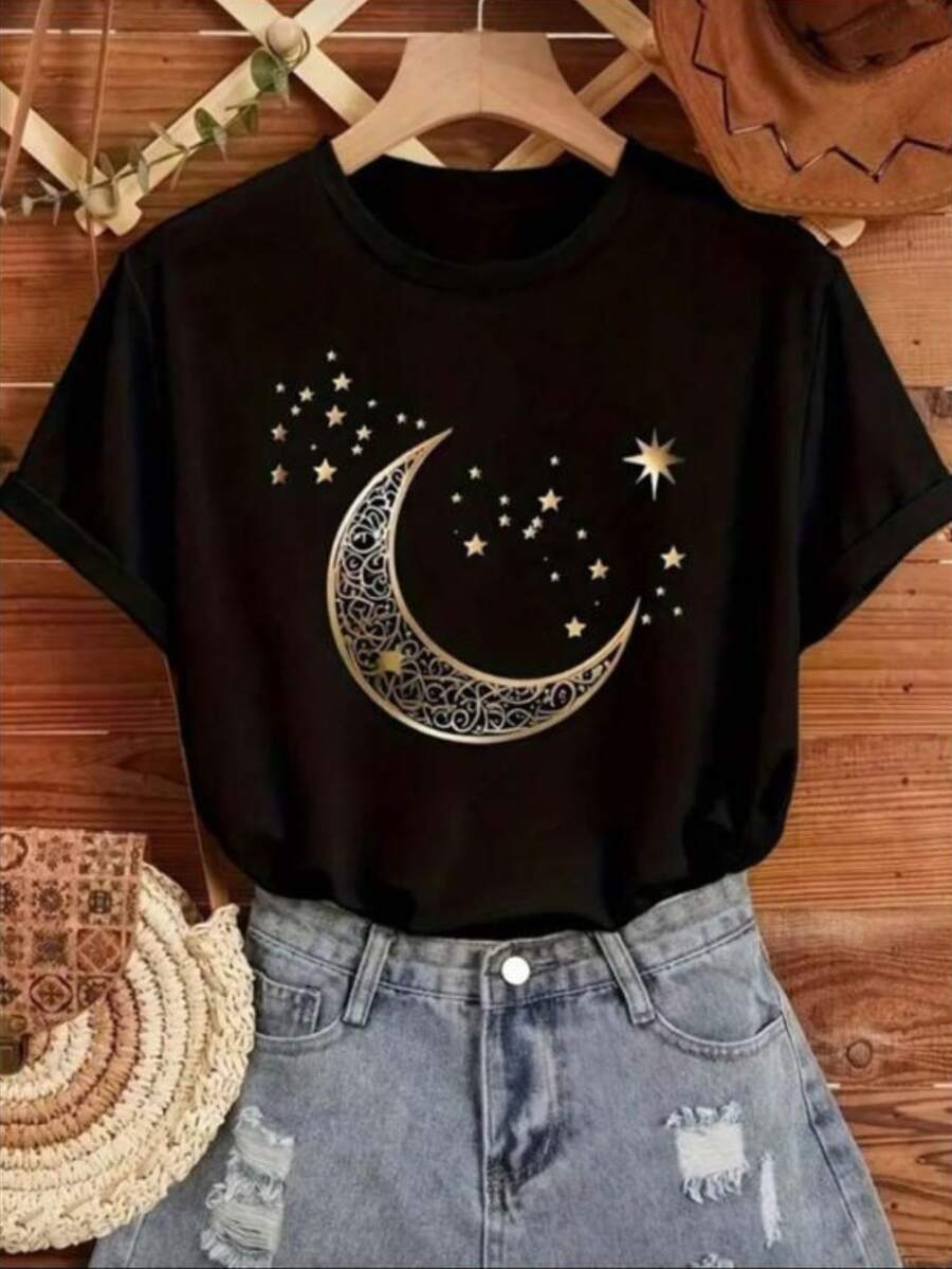 Camisa Feminina Estampada Lua 100% Algodão - Preto - Visão 1