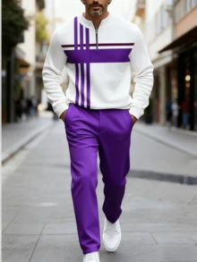 2PCS High-Quality Polyester Men's Long-Sleeved + Long Pants Sportswear Set, 3D Printed Pattern, Anti-Wrinkle And Easy To Care For, Half-Collared Top, European And American Style, Fitness, Outdoor Leisure, Golf, Tennis - 紫色 - 查看 1