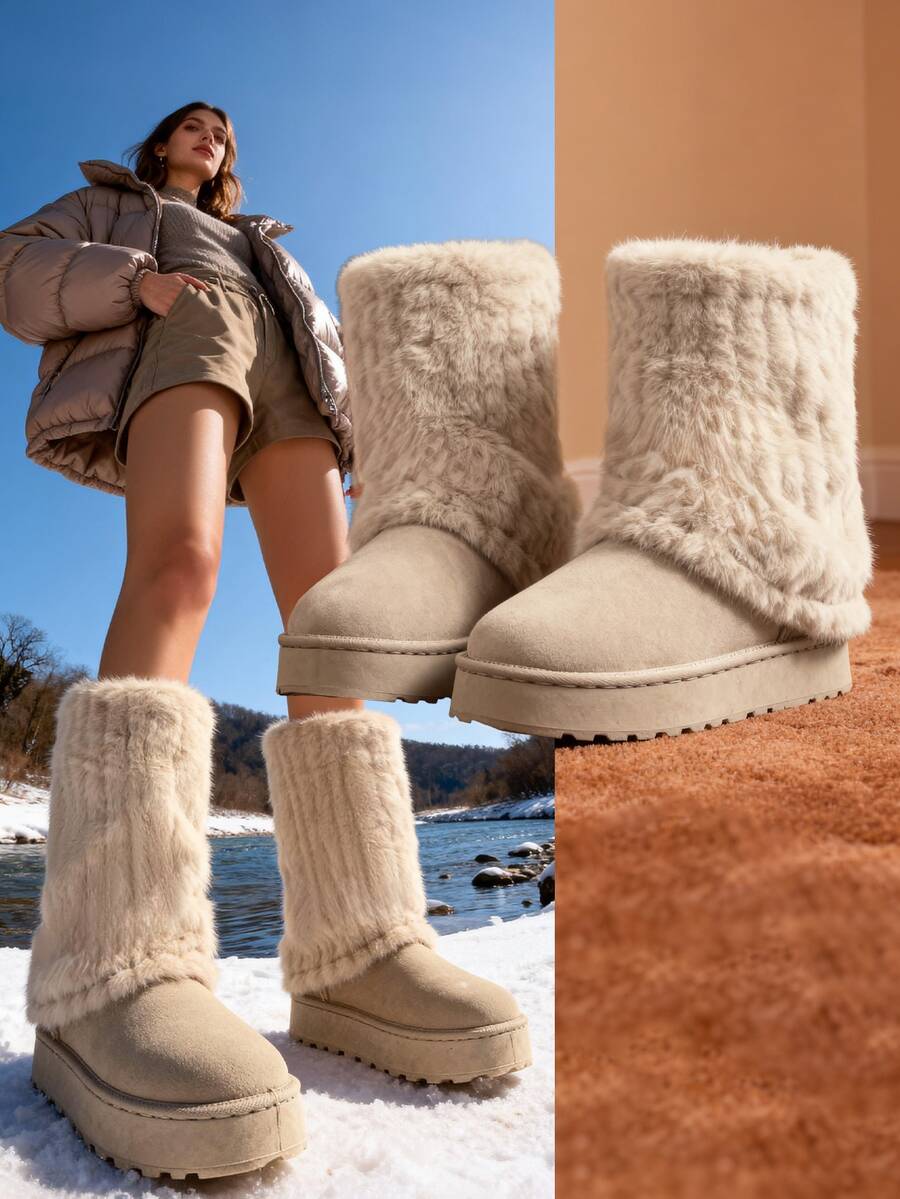 New Beige Tall Snow Boots For Women, Thick Sole Platform Mid-Calf Boots, Thermal Lined Casual Warm Fashion High-Grade Suede Flat Mid-Heel Comfortable Non-Slip Plus Size Furry Slip-On Boots - Beige - View 1