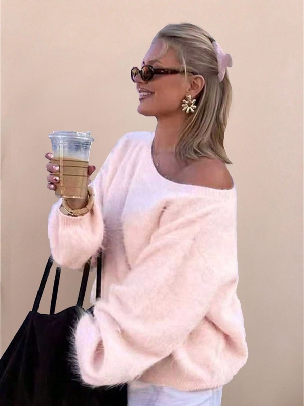 Large-Size Women's Christmas Sweater Clothing Fall/Winter Romantic Pink Off-Shoulder Long-Sleeved Sweater, Gentle, Sweet And Lazy Style, Simple And Loose Everyday Top