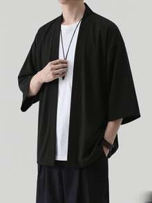 男士休闲和服式开襟衬衫，100% 涤纶，宽松版型，纯色百搭单层设计，休闲美观 | 飘逸面料，中国尺码，请仔细查看尺码指南