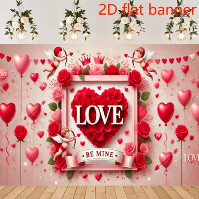 2D Flat Banner Valentine's Day Photography Backdrop February 14 Romantic Valentine Scenes Red Heart Floral Wedding Party Photo Background