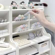 Ergonomic Double-Layer Dormitory Desk Storage Box With Inclined Pen Holder, Raised Bookshelf And Drawer Storage Matte White PVC, Perfect For Stationery, Cosmetics And Office Supplies, Dormitory Storage Box, Modern Desk Storage Box, Partition Storage Box, Desk Storage Box And Accessories - 白色 - 查看 4