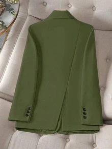 女士纯色翻领长袖单排扣休闲办公薄款外套，夏季 - 綠色 - 查看 2