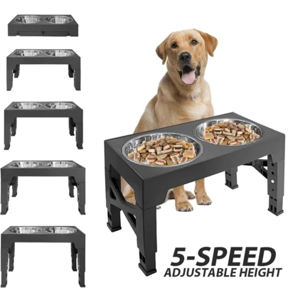 Lislark Large Dog Food Feeding Station Double Stainless Steel Bowls Set Adjustable Stand, 5 Height Adjustable Levels