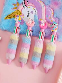 1pc Cartoon Unicorn Plush Ballpoint Pen, Cute Faux Plush Six Color Plastic Ballpoint Pen, Multicolor Writing Office Supplies